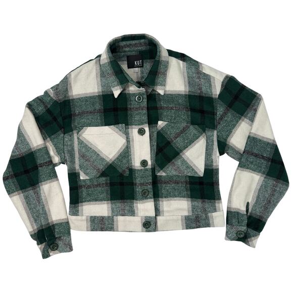 KUT Women’s Green Plaid Cropped Flannel Shirt Button Down Size Small - Picture 2 of 8